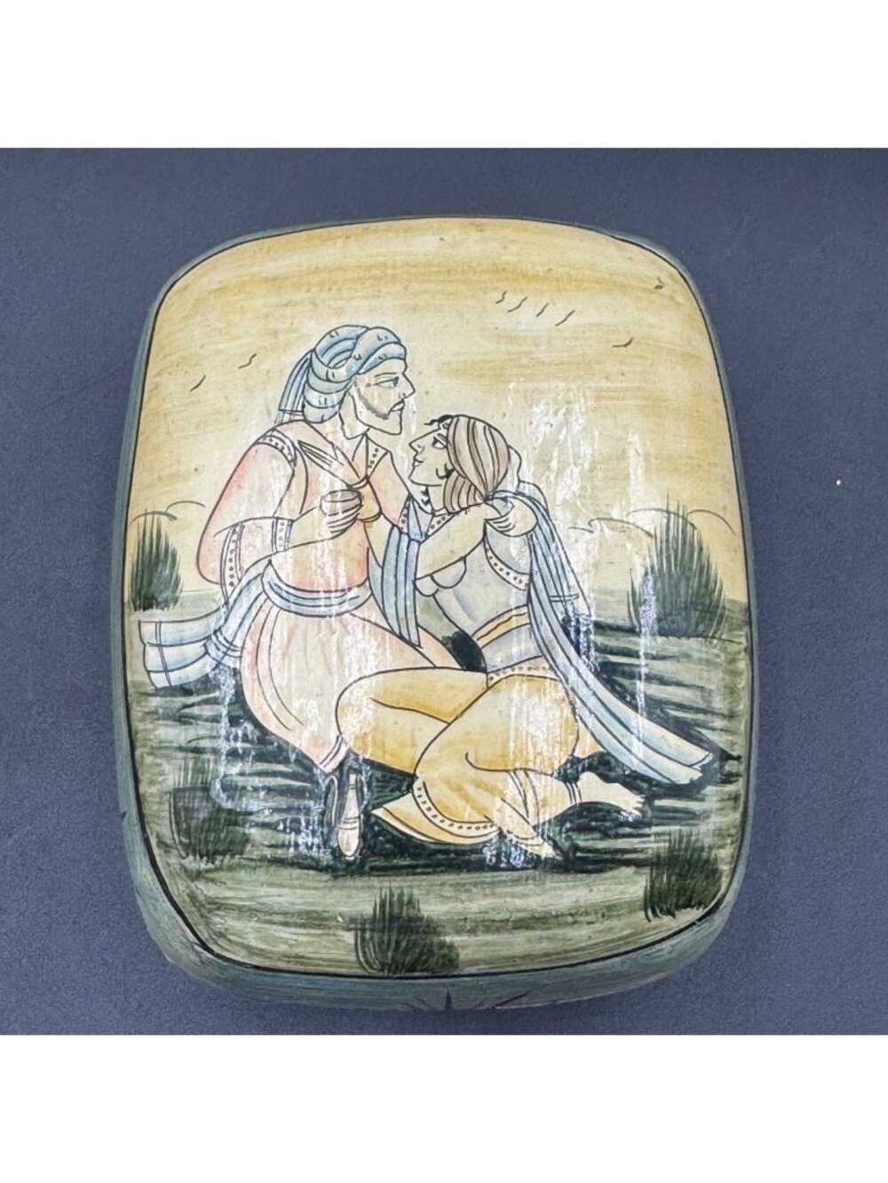 Vintage Lacquered Handpainted Folk Art Trinket Box With Romantic Scene